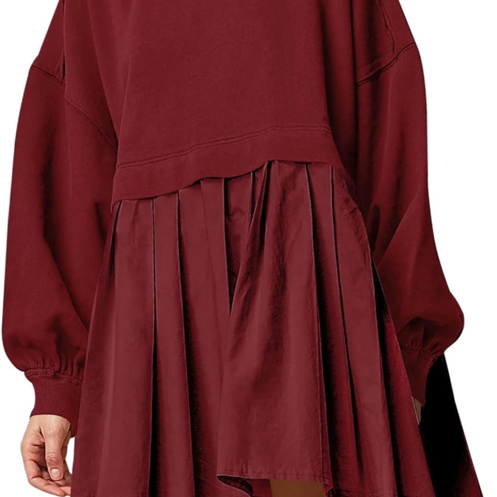 Ugerlov Boho Pleated Mixed Media Sweatshirt Mini Dress Wine M - Picture 7 of 8
